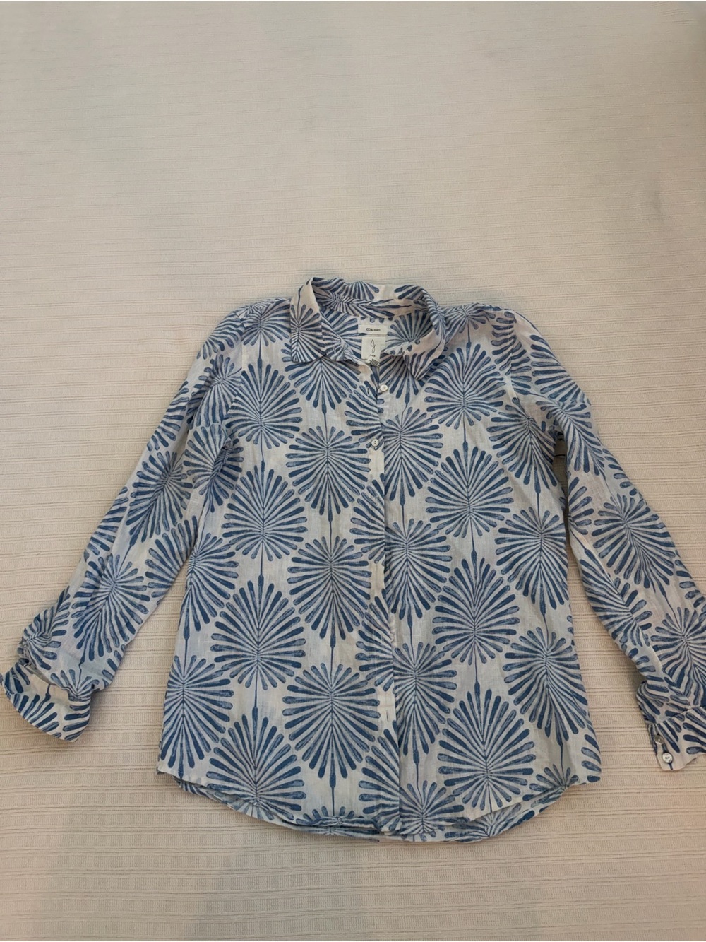 Joie 100% Linen Blue Palm Leaf Button Down Shirt Size M Tropical Resort